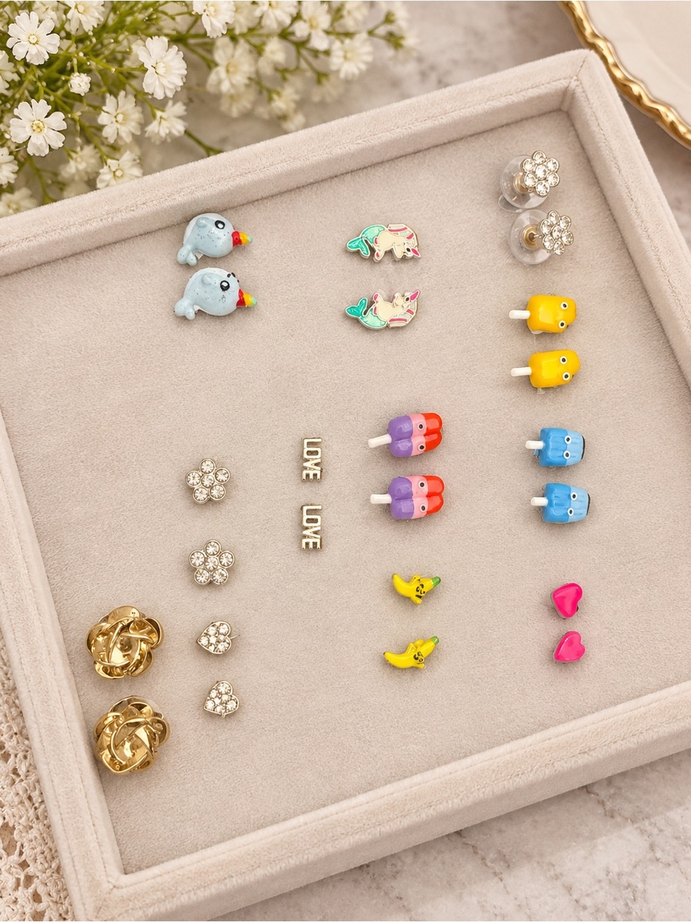 12 Pairs Mixed Stud Earrings Lot Colorful Novelty Hearts Flowers Kids Fashion